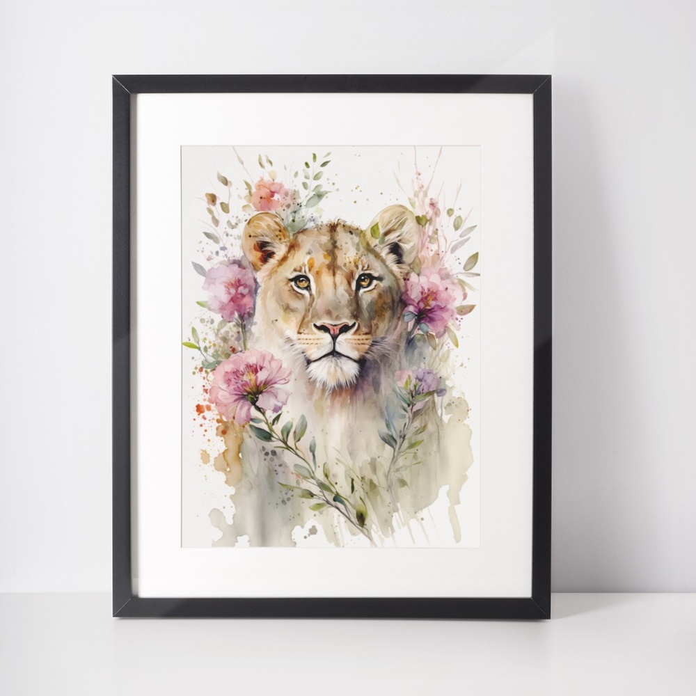 Cute Floral Lioness Watercolor Wall Art Illustration Print Poster Card Unframed - Picture 4 of 7